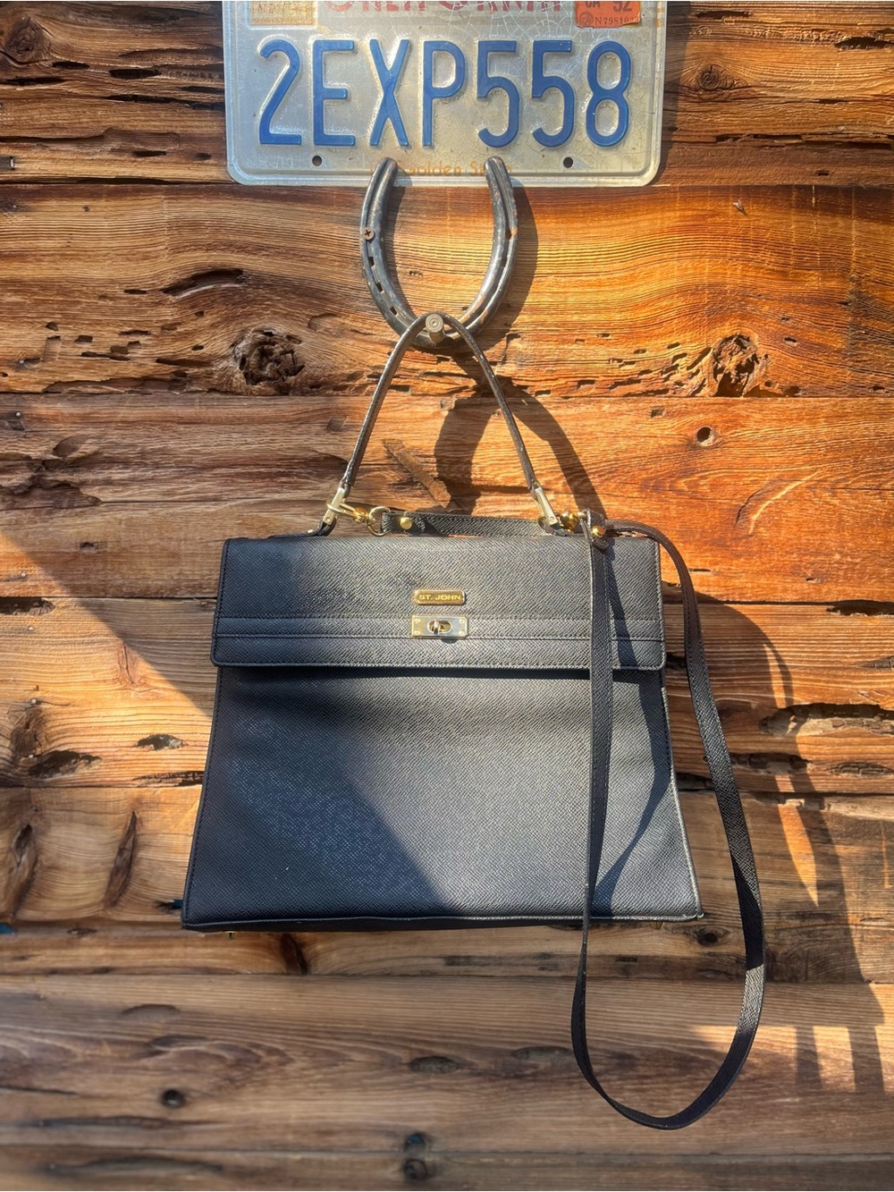 ST. JOHN | Vintage Black Structured Top-Handle Satchel with Shoulder Strap